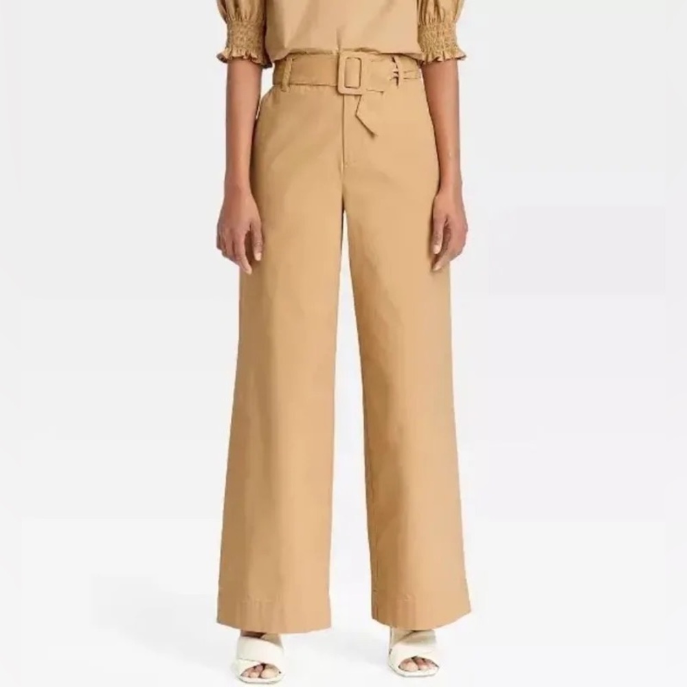 Who What Wear Women’s Belted Ultra Wide Leg Trousers. Tan. Size 14. 100% Cotton.